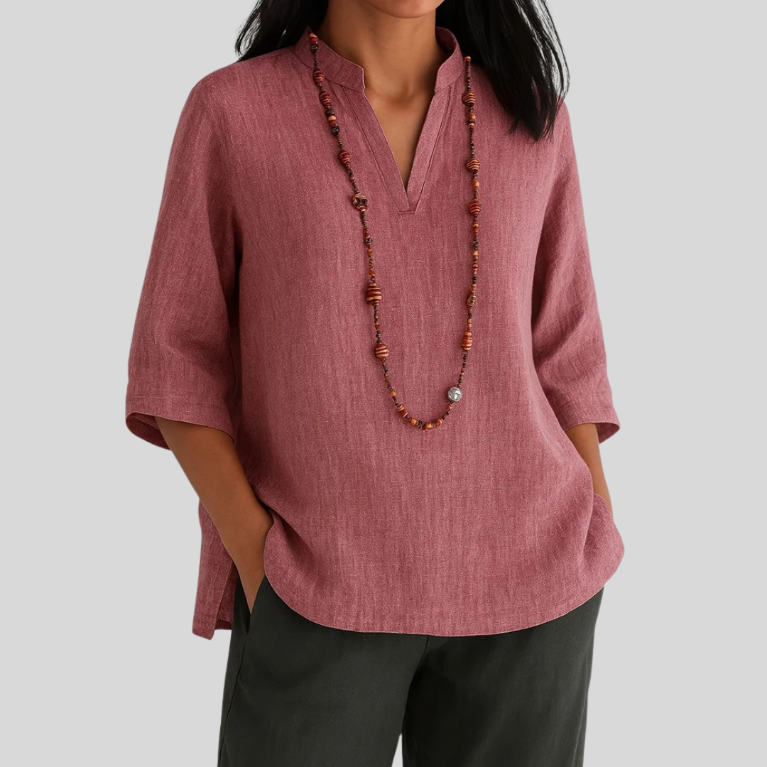 Blusa De Lino De Mujer Con Cuello En V Relajado