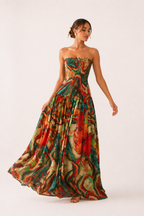 Vestido largo mujer strapless estampado -Rosa
