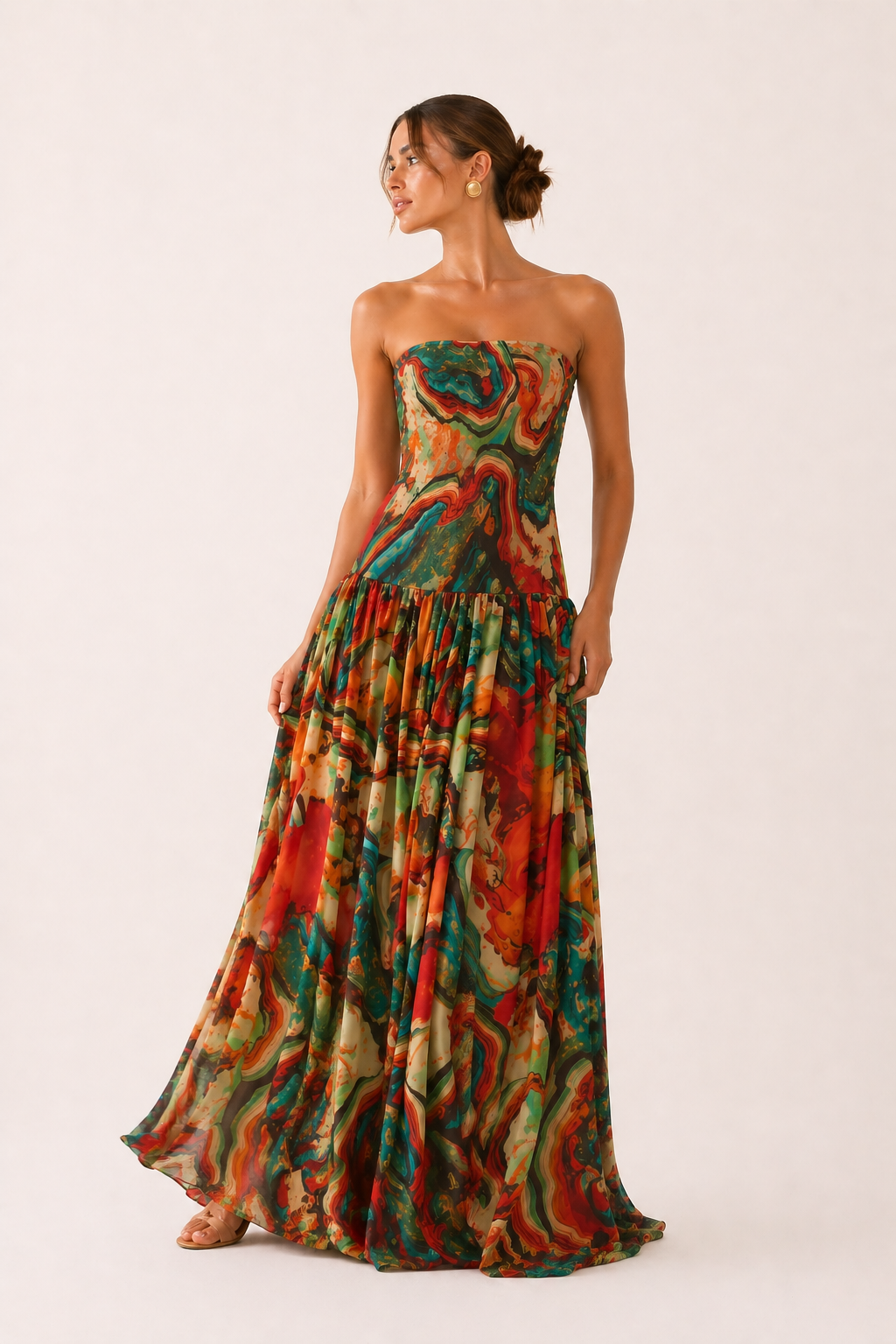 Vestido largo mujer strapless estampado -Rosa