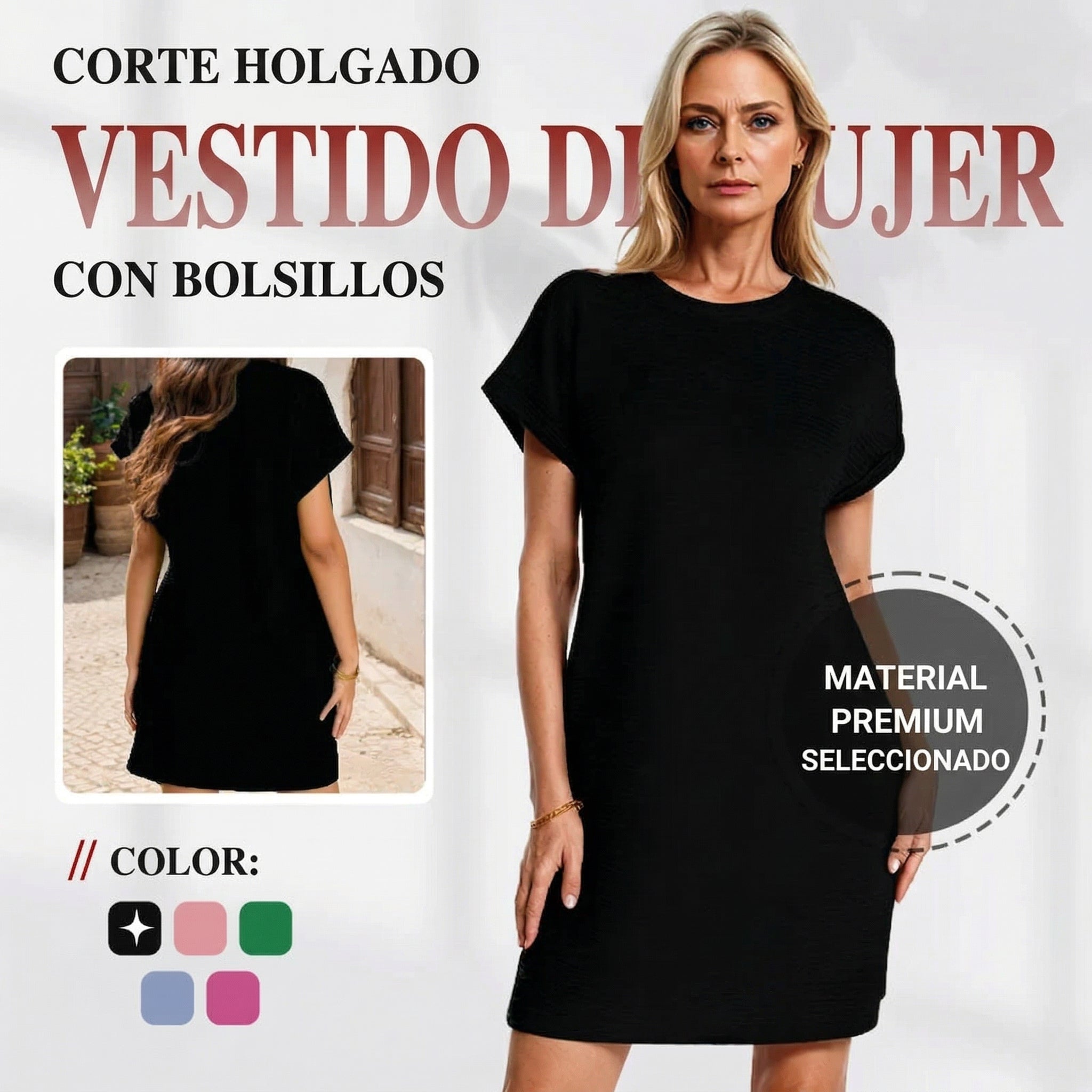 Lidia - Vestido de mujer de corte holgado con bolsillos